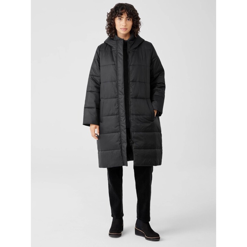 Eileen Fisher Black High Collar Puffer Coat Long Quilted Jacket F5GGR-C2168M M